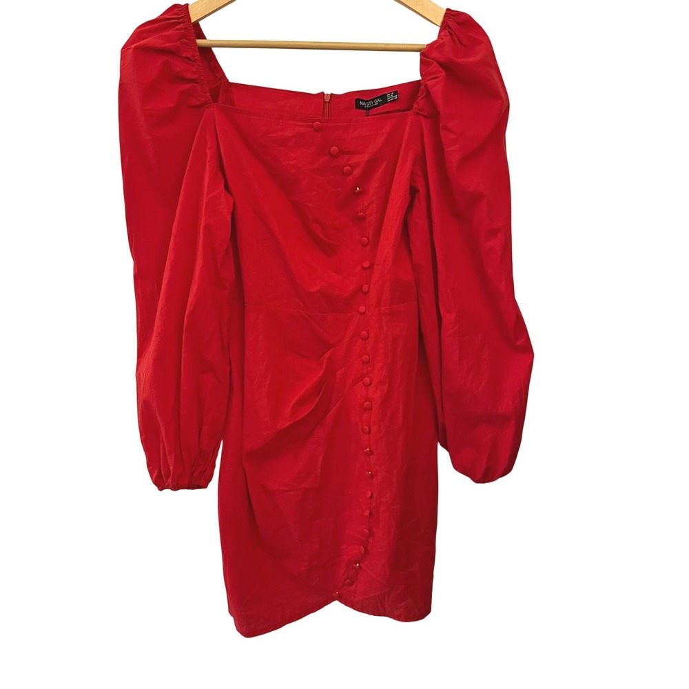 Nasty Gal Mini Dress Womens Size 8 Red NWT Button Detail Ruched Puff‎ Sleeve